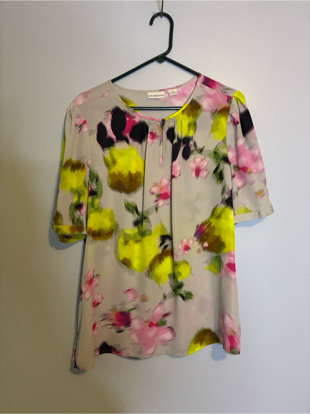 Liz Claiborne Floral Short-Sleeve Blouse - Yellow, Pink, Black on Cream